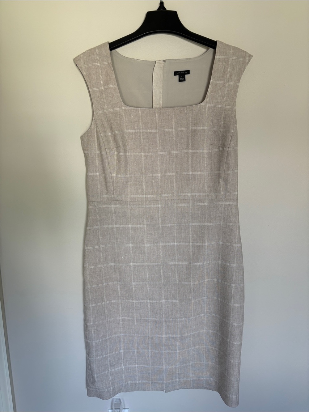 Ann Taylor Beige Windowpane Midi Sheath Dress